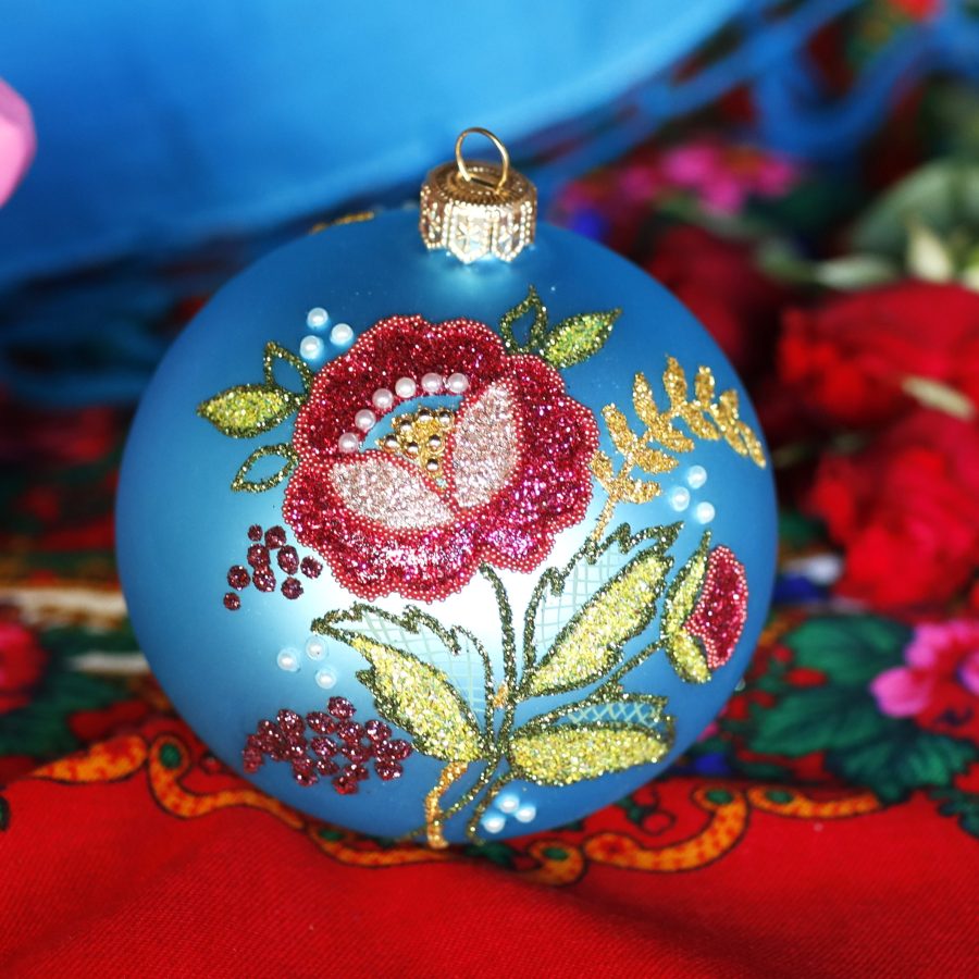 Krakowski haft  - różowy kwiat na turkusowym tle  Mg 4446