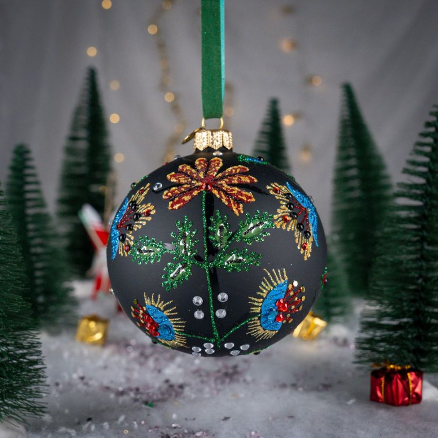 Krakowski haft  - kolorowy kwiat na matowej czerni  Bombkarnia1125 084