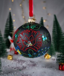 Krakowski haft  - czerwony kwiat z kryształkami na czarnym tle  Bombkarnia1125 085